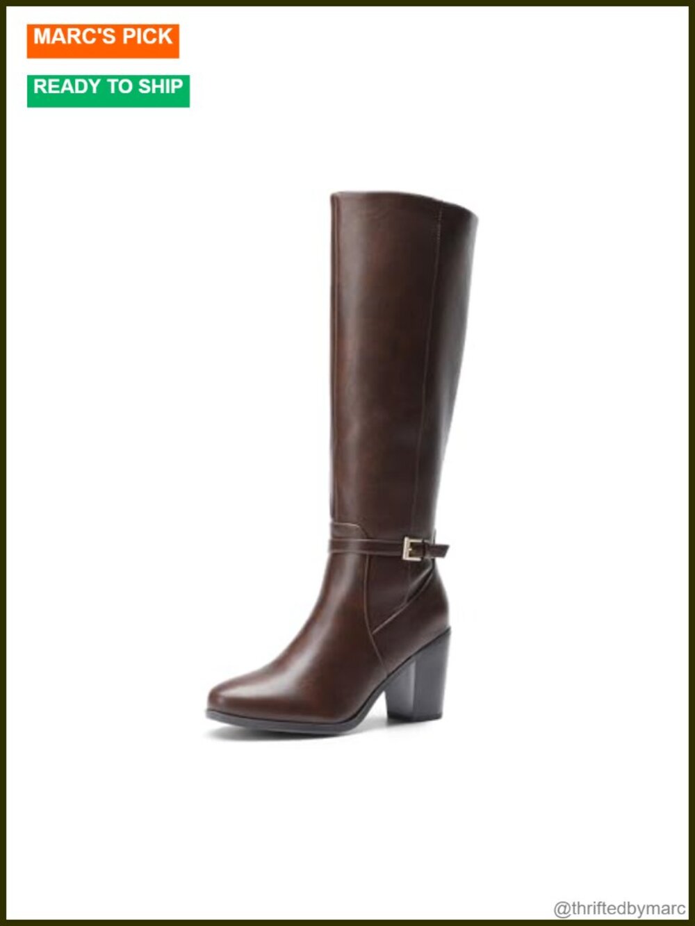 Women's Chunky Heel Knee-High Boots Faux Leather Almond Toe Side Zip